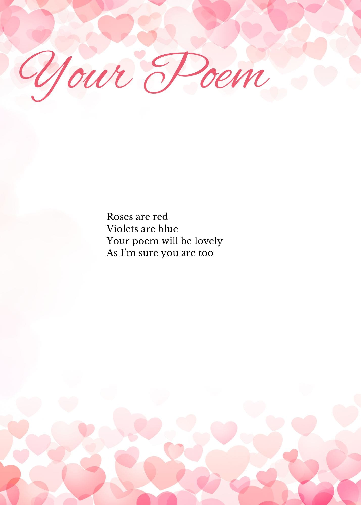 Pink hearts on a white background framing a poem