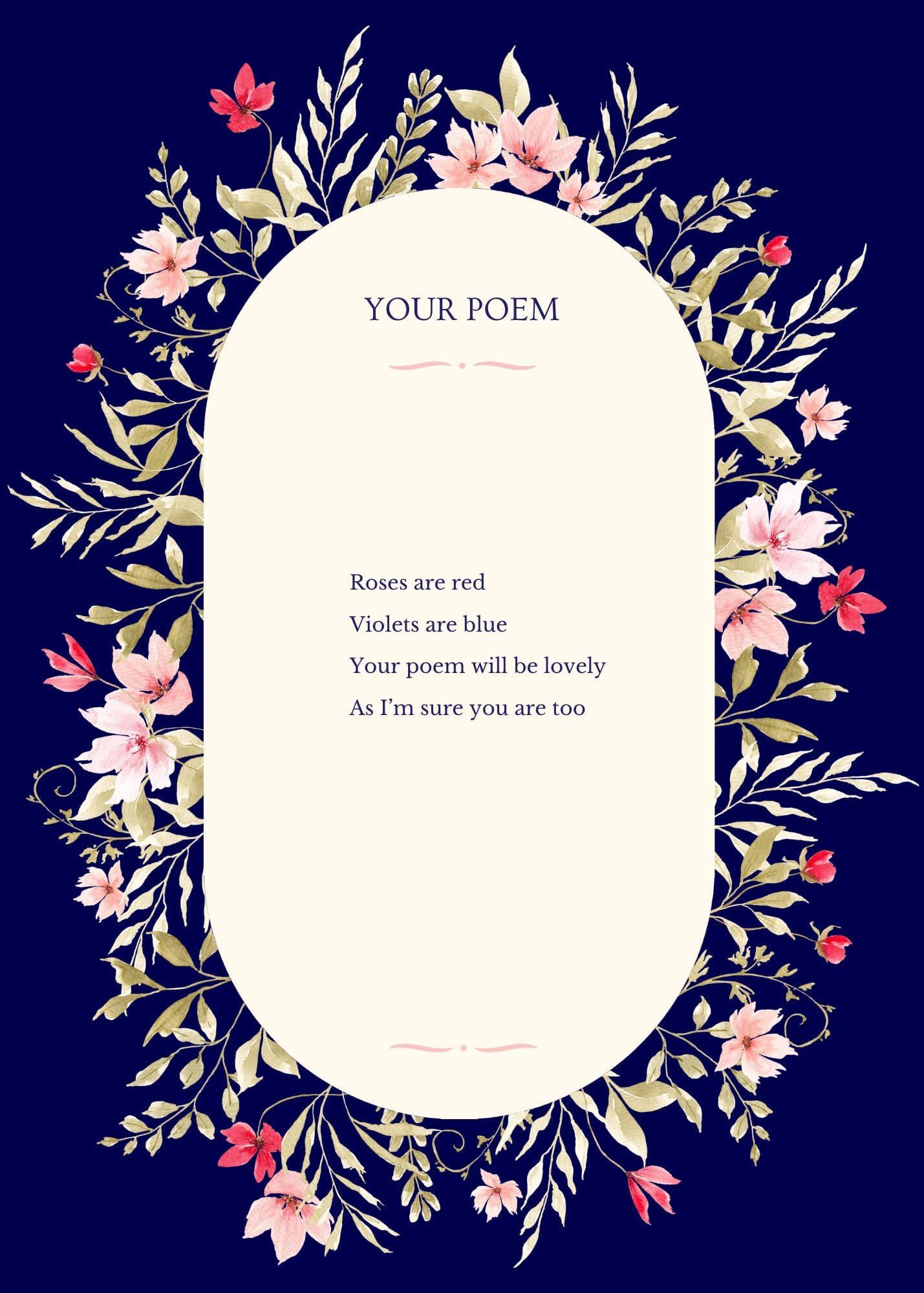 A cream oval on a navy background surrounded by flowers, framing a poem