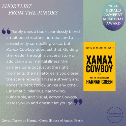 Rarely does a book seamlessly blend ambitious structure, humour, and a consistently compelling voice, but Xanax Cowboy does just that. Guiding the reader through a visceral story of addiction and mental illness, the camera pans out just at the right moments, the narrator calls you closer, the scene repeats. This is a striving and cohesive debut book unlike any other. Cinematic, hilarious, harrowing, vulnerable, and visual, Xanax Cowboy lassos you in and doesn’t let you go.