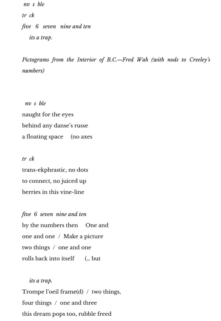  nv  s  ble 
tr  ck 
five   6   seven   nine and ten 
     its a trap.
 
Pictograms from the Interior of B.C.―Fred Wah (with nods to Creeley’s numbers)   nv  s  ble 
naught for the eyes 
behind any danse’s russe 
a floating space     (no axes 
 
tr  ck 
trans-ekphrastic, no dots 
to connect, no juiced up 
berries in this vine-line 
 
five  6  seven  nine and ten 
by the numbers then     One and 
one and one  /  Make a picture 
two things  /  one and one 
rolls back into itself       (… but  
 
     its a trap. 
Trompe l’oeil frame(d)  /  two things, 
four things  /  one and three 
this dream pops too, rubble freed 

