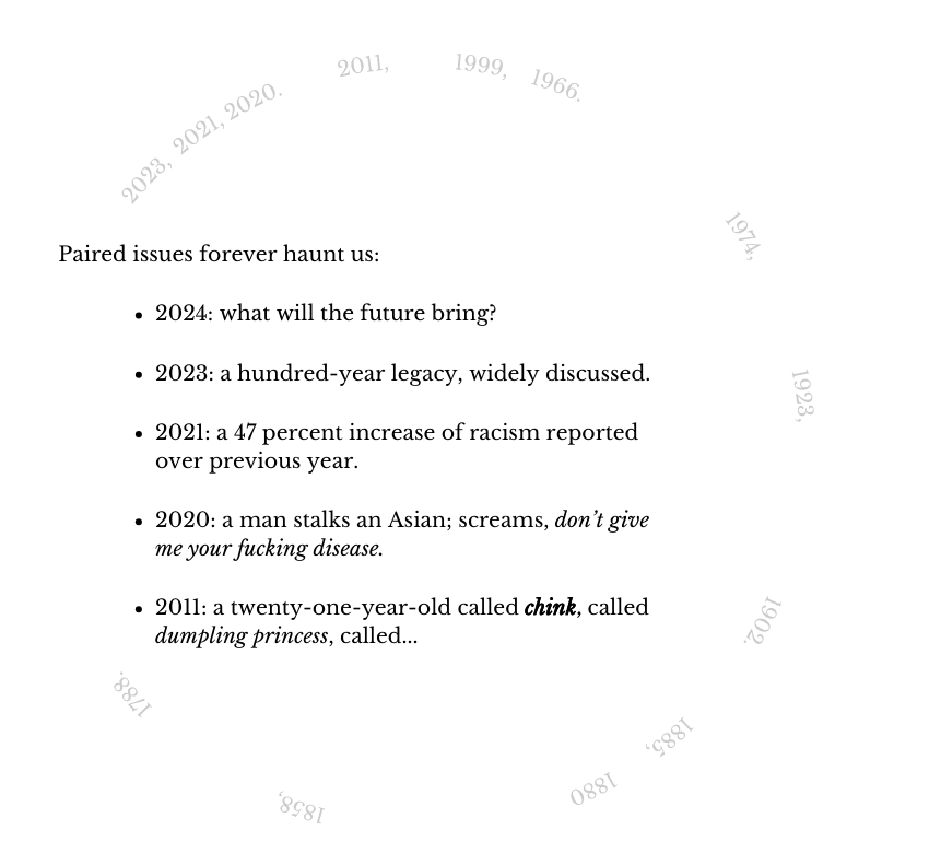Paired issues forever haunt us: 2024: what will the future bring? 2023: a hundred-year legacy, widely discussed. 2021: a 47 percent increase of racism reported over previous year. 2020: a man stalks an Asian; screams, don’t give me your fucking disease. 2011: a twenty-one-year-old called chink, called dumpling princess, called...