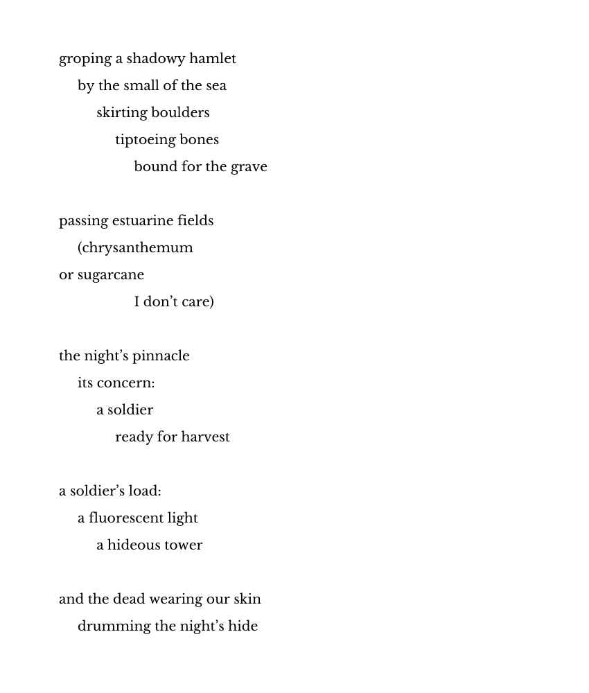 groping a shadowy hamlet
by the small of the sea
skirting boulders
tiptoeing bones
bound for the grave
passing estuarine fields
(chrysanthemum
or sugarcane
I don’t care)
the night’s pinnacle
its concern:
a soldier
ready for harvest
a soldier’s load:
a fluorescent light
a hideous tower
and the dead wearing our skin
drumming the night’s hide