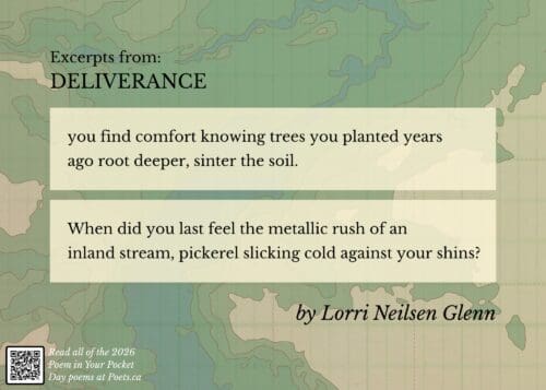 Excerpts from Deliverance by Lorri Neilsen Glenn you find comfort knowing trees you planted years ago root deeper, sinter the soil. When did you last feel the metallic rush of an inland stream, pickerel slicking cold against your shins?