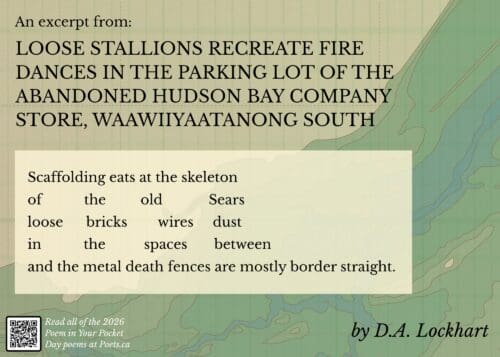Excerpt from Loose Stallions Recreate Fire Dances in the Parking Lot of the Abandoned Hudson Bay Company Store, Waawiiyaatanong South by DA Lockhart Scaffolding eats at the skeleton of the old Sears loose bricks wires dust in the spaces between and the metal death fences are mostly border straight.